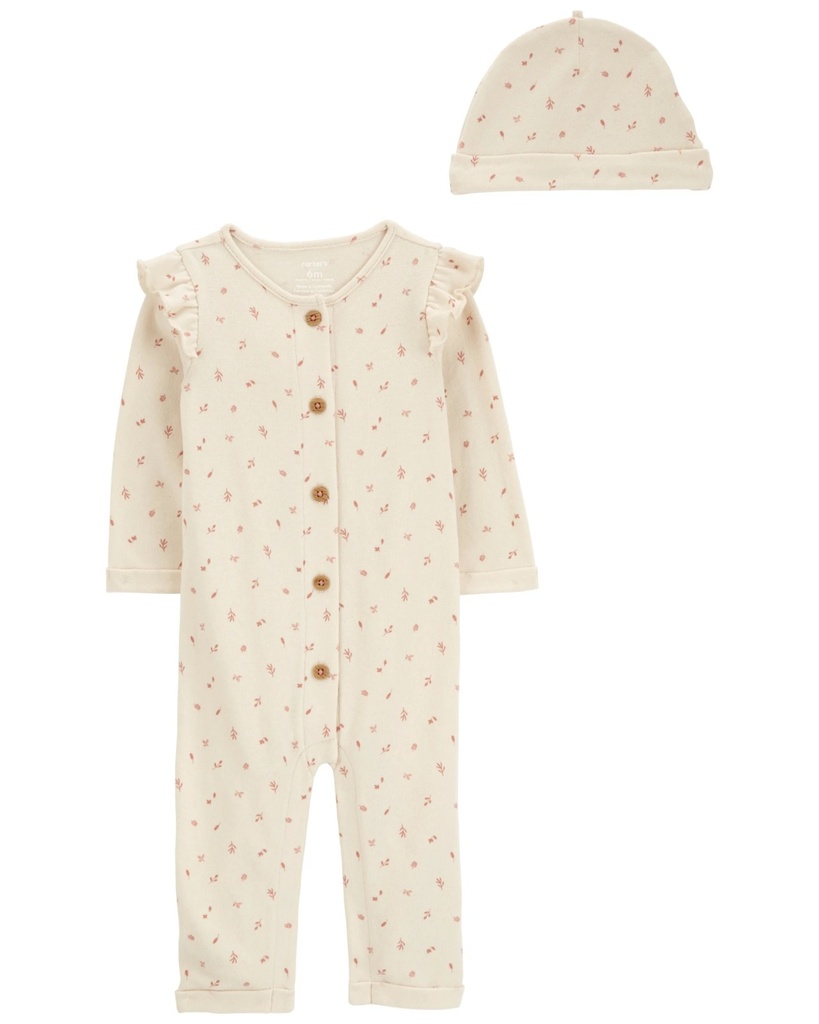 Monito Y Gorro Estampado Algodón Beige Hojas 6M Carters