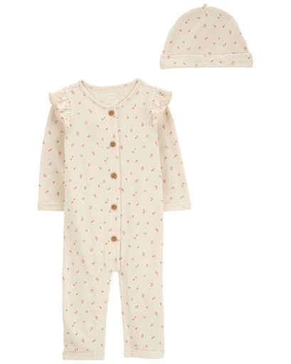 [195862666133] Monito Y Gorro Estampado Algodón Beige Hojas 6M Carters