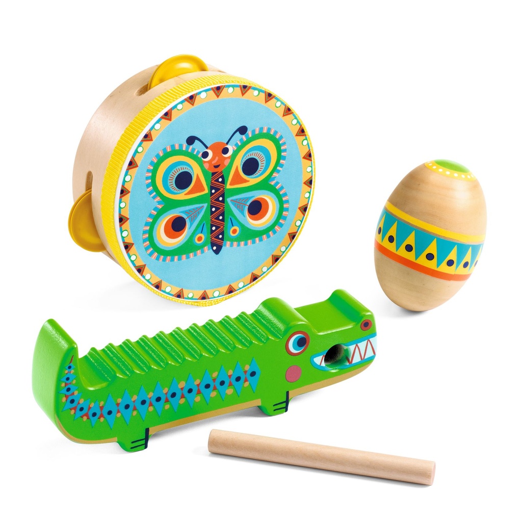 Set Of Percussions: Tambourine, Maracas, Guiro Djeco