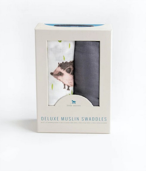 Deluxe Muslin Swaddle x2  - Charcoal Hedgehog Little Unicorn
