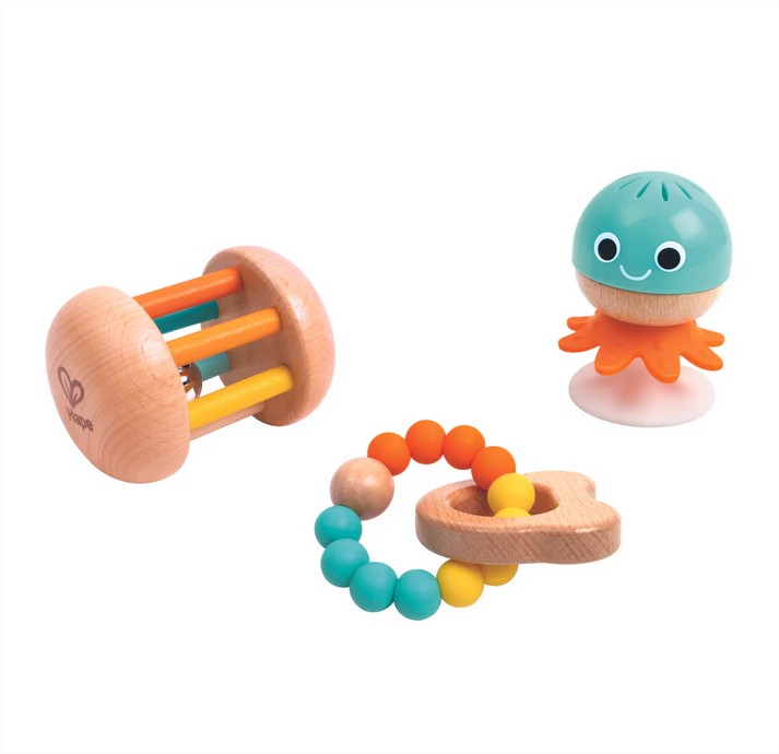 Set sonajeros sensoriales x 3 colores clasicos Hape