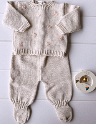 [PK55] Set batita y pelele tejido Beige Margaritas rosa 3-6 Pee