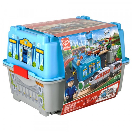 [6943478035645] Pista Tren en Balde T. Urbano 80 pzas Hape